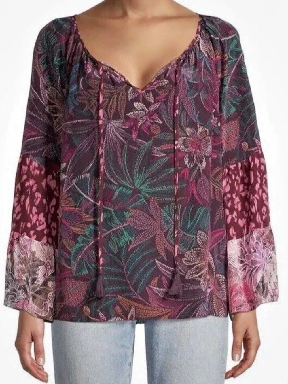 Johnny Was Sleeve Blouse Floral Silk Blouse Purple & Pink Size Medium NWT